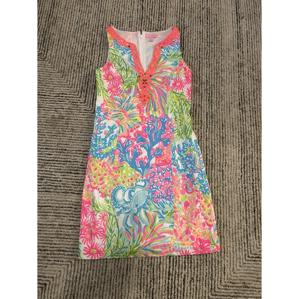 Lilly Pulitzer Lovers Coral Ryder Shift Dress Size 00 Pink Neon Summer Bold